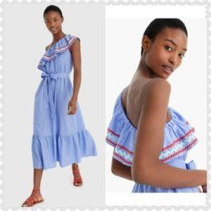 J. Crew Blue One Shoulder Ruffle Midi Dress